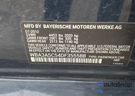 2013 BMW 328I из США, поврежденный, VIN WBA3A5C54DF355588